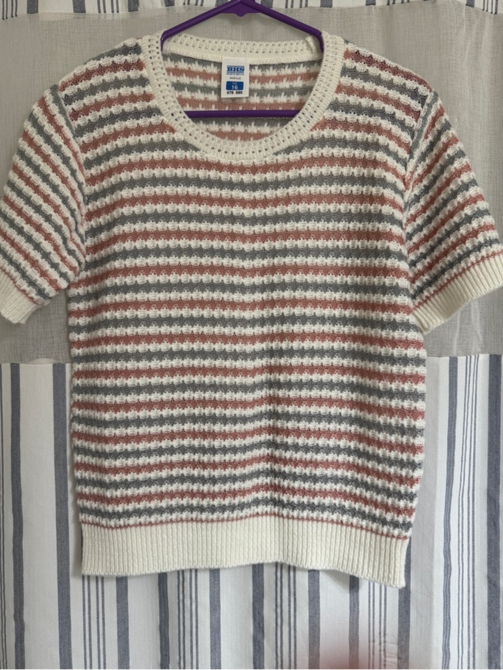 Cream, Pink & Gray Striped Crochet Short Sleeve Sweater